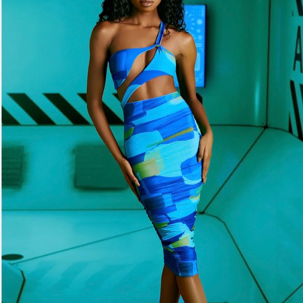 Oh Polly Blue Multi One-Shoulder Cutout Bodycon Dress
